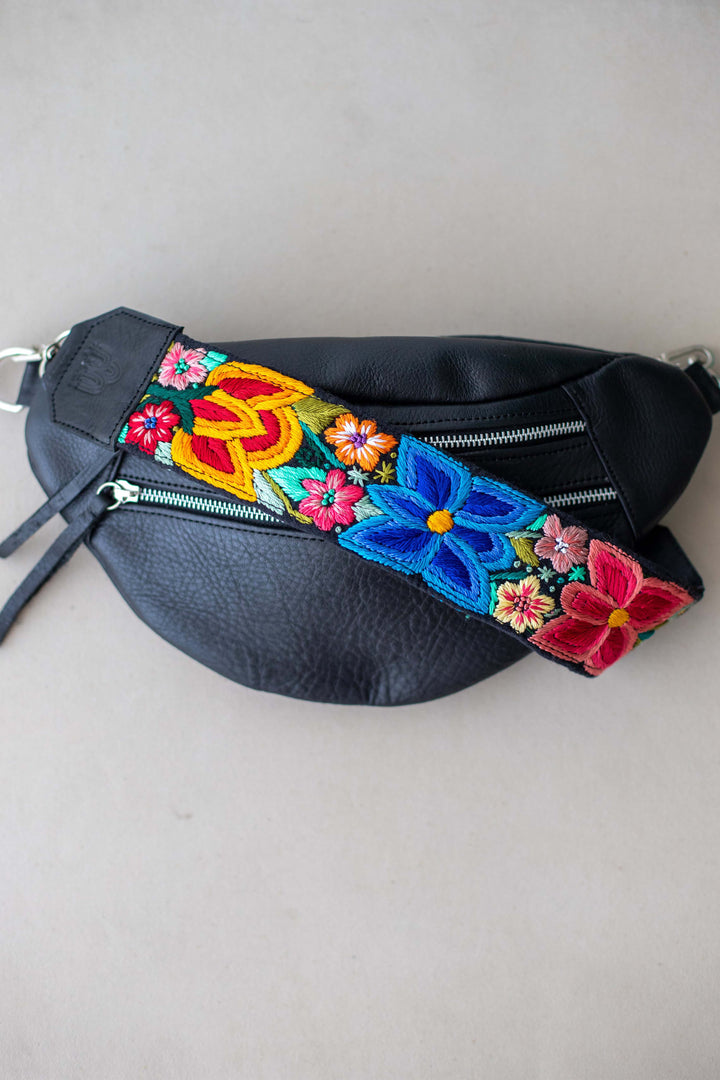 Hand Matters. Black leather sling bag with embroidered strap!