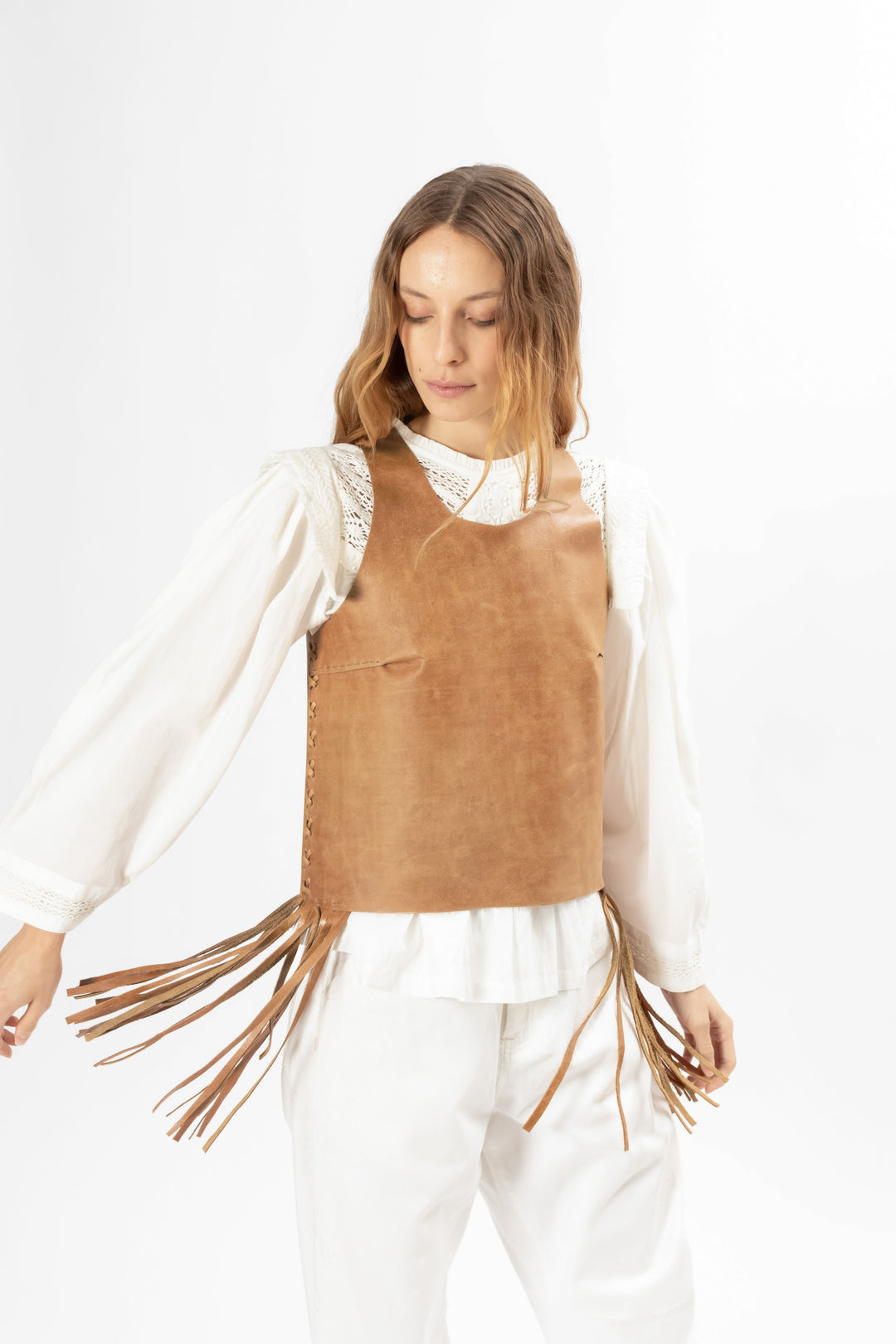 Hand Matters. Brown Leather top with fringes