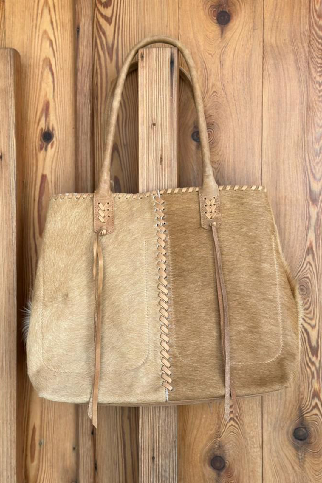 Camel Luisa Purse with feathers and leather. Hand Matters